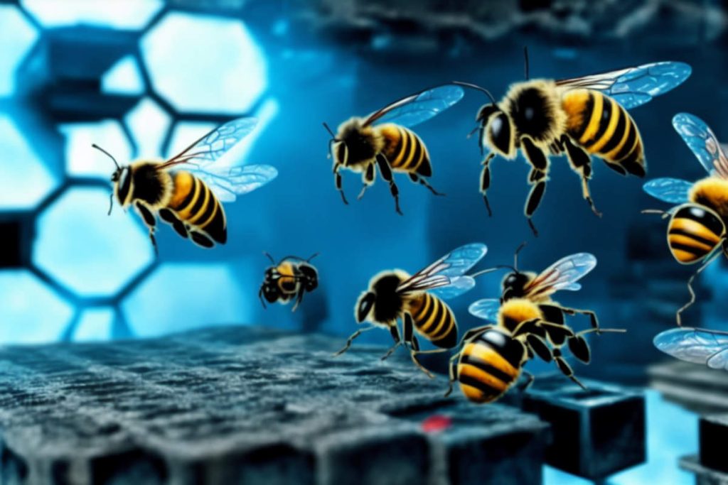 Illustration of a swarm of bees working together, often used as a comparison for clustered cloud hosting.
