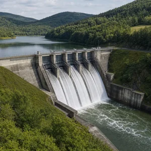 Europäischer Staudamm mit kontrolliertem Wasserabfluss und Hochwasserschutz