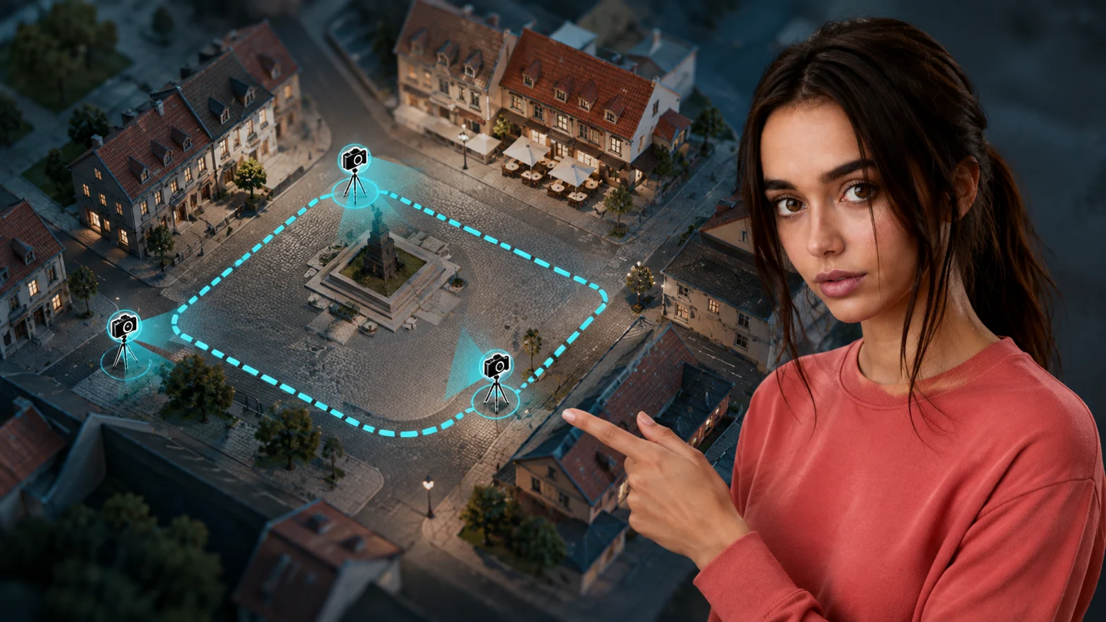 Jana präsentiert Panoramaaufnahmen an einem illustrativen Stadtmodell
