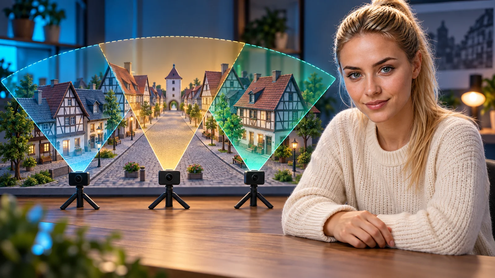 Lena präsentiert Panoramaaufnahmen an einem illustrativen Stadtmodell