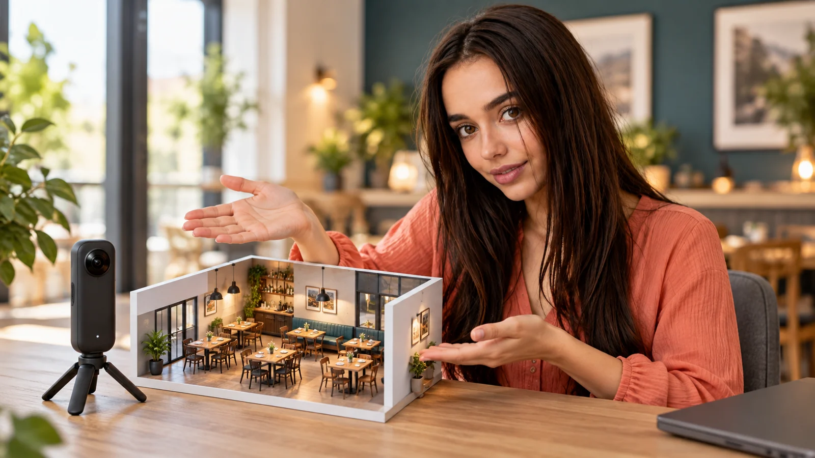 Jana präsentiert virtuelle Besichtigung eines Restaurantmodells